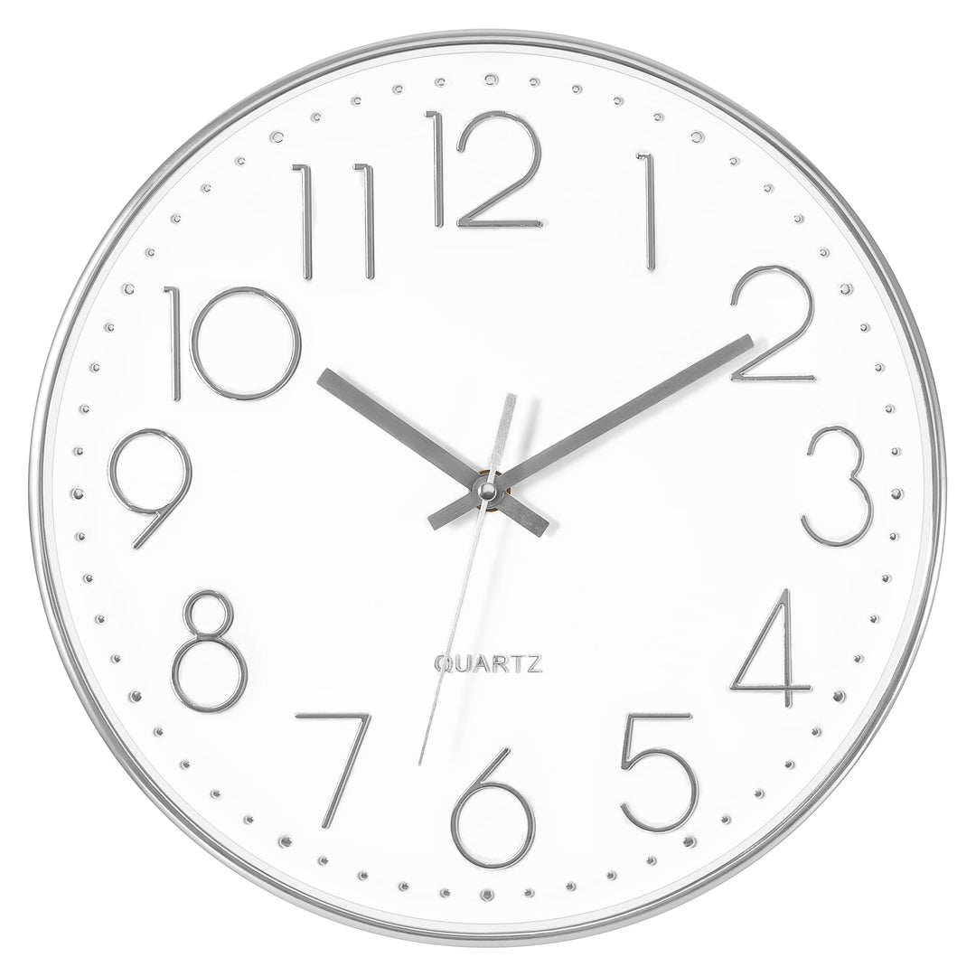 Silver Wall Clock Silent Non-Ticking Battery Operated Round Modern Wall Clock for Office School Home Living Room Bedroom Bathroom Kitchen Decor 12 inch