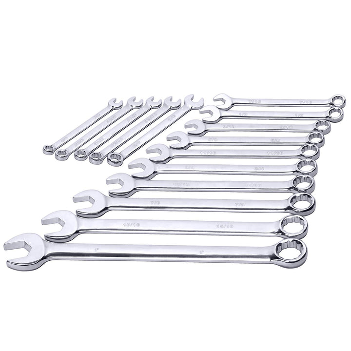 Max Torque 15-Piece Premium Combination Wrench Set, Complete SAE Inch Sizes from 1/4” to 1” with Rack Organizer | Cr-V Steel, Mirror Chrome Finish, Long Pattern, V-Groove Open End and 12-Point Box End