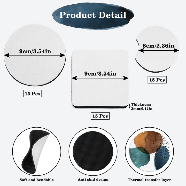 Sublimation Blanks Car Coasters Round Square Sublimation Blank Cup Coasters 3.5 x 3.5 Inch Blank Rubber Coasters Heat Transfer Cup Mat for Small Business Gift DIY Home Kitchen Decor, 45Pcs