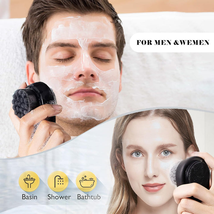 2 Pcs Facial Cleansing Brushes - Double Sided Face Scrubber for Deep Cleansing and Exfoliation, Soft Bristles Wash Brush and Silicone Exfoliating (Black)