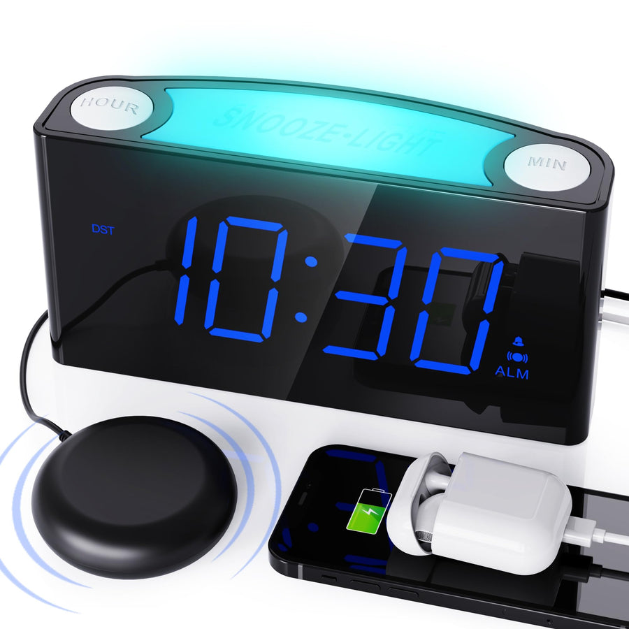 Vibrating Alarm Clock with Bed Shaker,Digital Bedroom Clock for Heavy Sleepers,Deaf Hearing Impaired Senior, 7 Night Light, Large LED Display,Dimmer, 2 USB Charger,12/24H/DST,Battery Backup