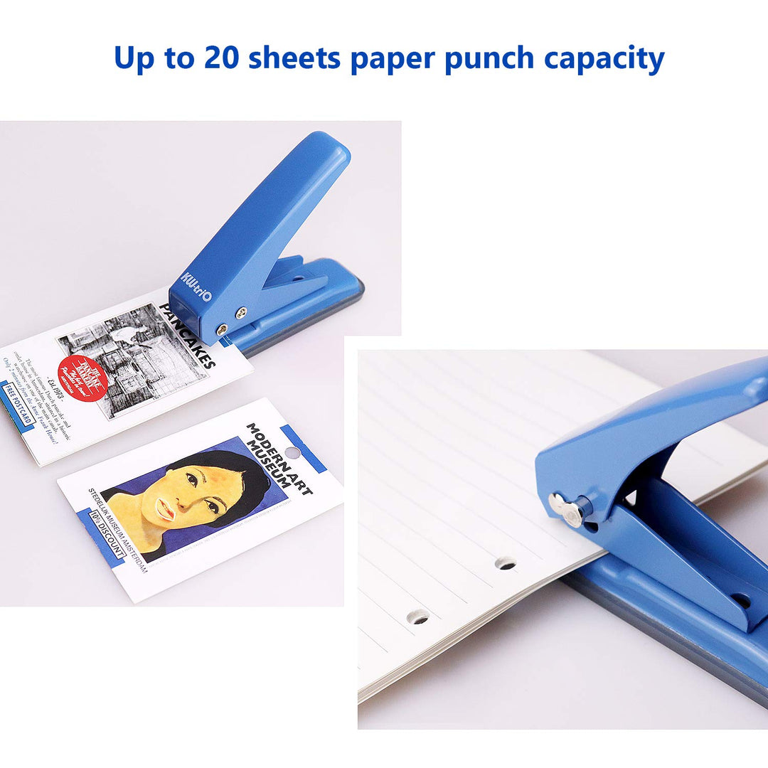 Metal Hole Punch Single Hole Puncher, Low Force, 20 Sheets Punch Capacity, 1/4 Holes, Paper Punch for Binder Hand Punches with Skid-Resistant Base for Paper, Chipboard, Index Cards, Thin Metal,Blue