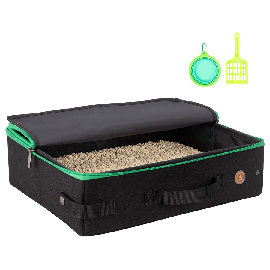 Portable Cat Travel Litter Box. No Leakage, Smell and Messes. One-Handed Carrying for Road Trip, Hotel Stays, Car and Airplane