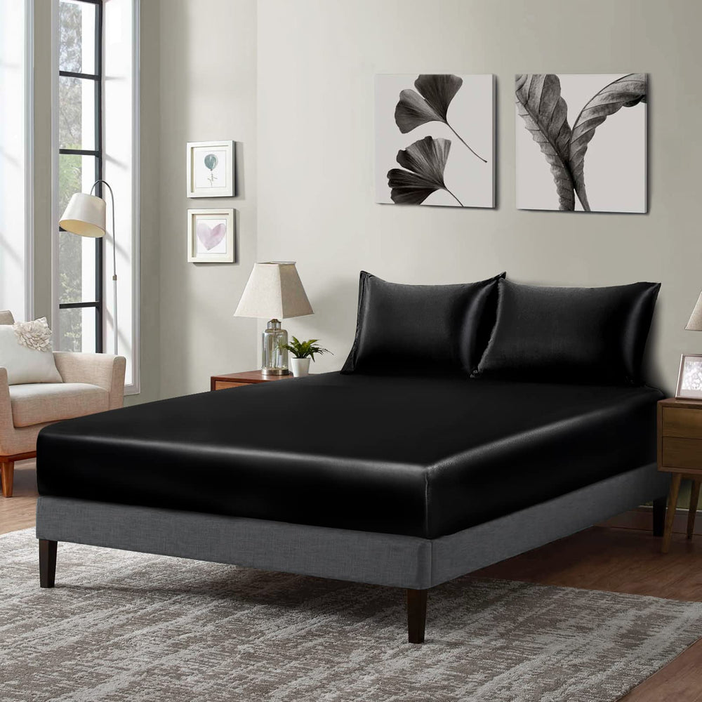 Satin Fitted Sheet King Size, 1 Single Fitted Sheet Only, Extra Soft Deep Pocket Bottom Bed Sheets Mattress Cover Fits 12 to 16, Wrinkle Free, Fully Elasticized (Black)