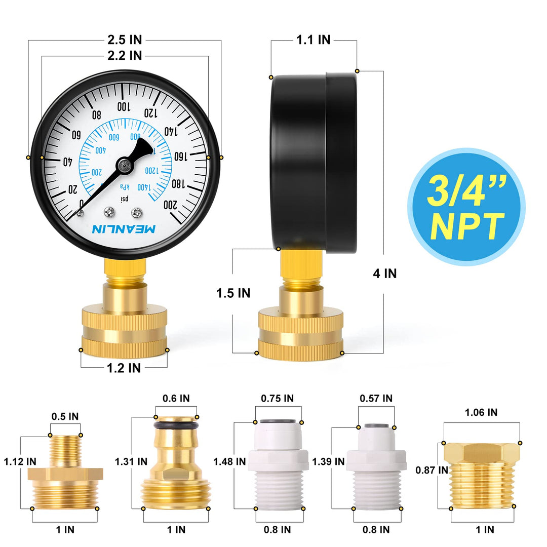 0~200Psi 3/4 Female Water Pressure kit Plus 5 adapters, 2.5 FACE DIAL Multi-Purpose Pressure Gauge kit, Hydraulic Tester,Suitable for Gardens, Water Pipes, etc