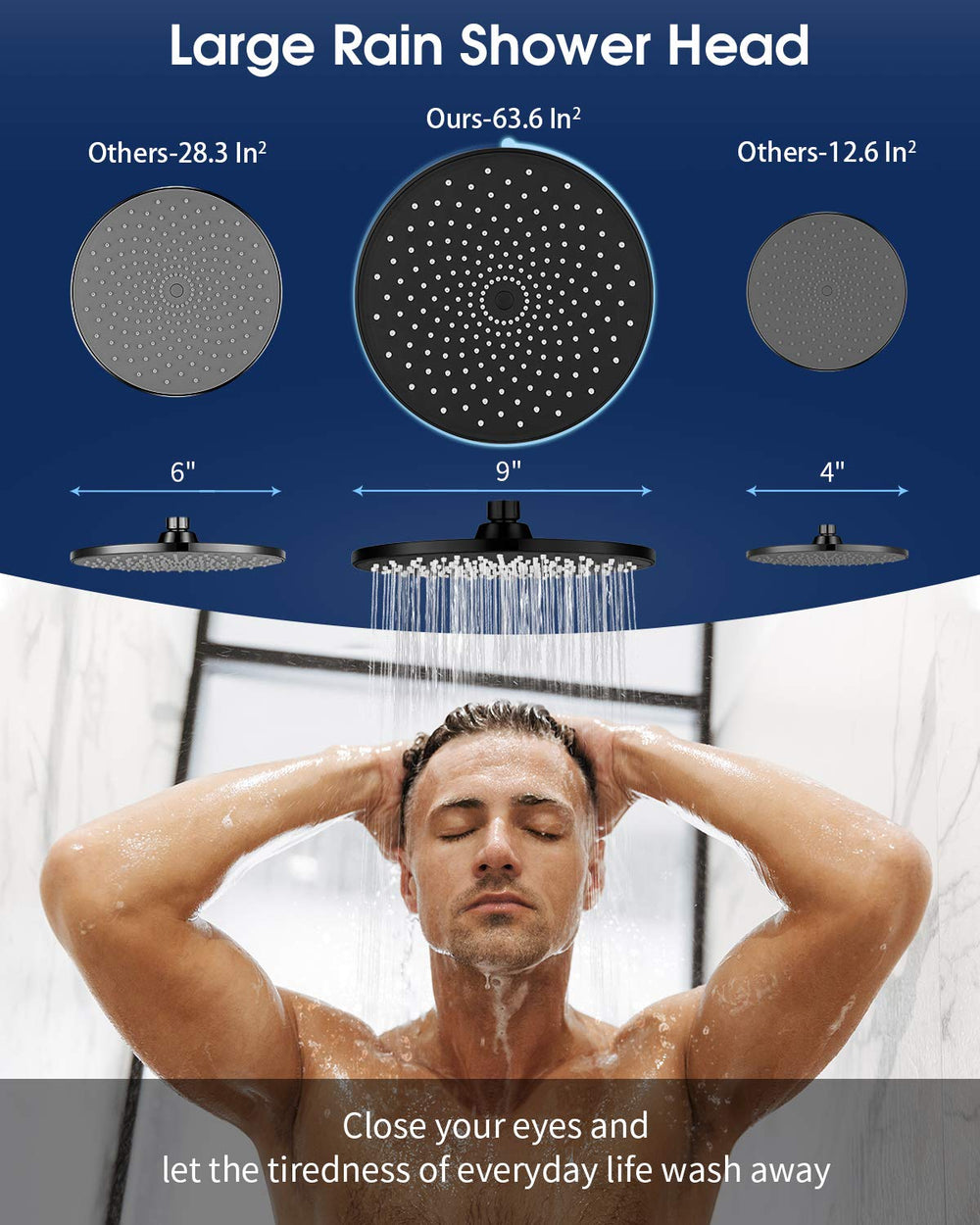 Rain Shower Head 9In High Pressure Showerhead - Tool Free Installation- with Large Spray Surfaces and 200 Nozzles for Delicate and Unstimulate Shower Experience (EM-001 Matte Black/Black)