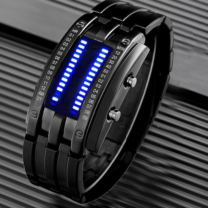 Creative Binary Matrix Blue LED Digital Waterproof Watch Mens Classic Creative Fashion Black Plated Wrist Watches (Black)