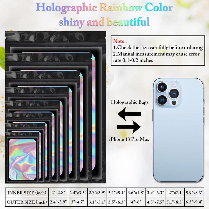 100 Pack Holographic Bags, Smell Proof Packaging Bags, Clear Window Resealable Odor Foil Pouch Mylar Bags for Food Storage and Lipgloss, Jewelry Lash (Black, 4.3 x 7.5 Inch)