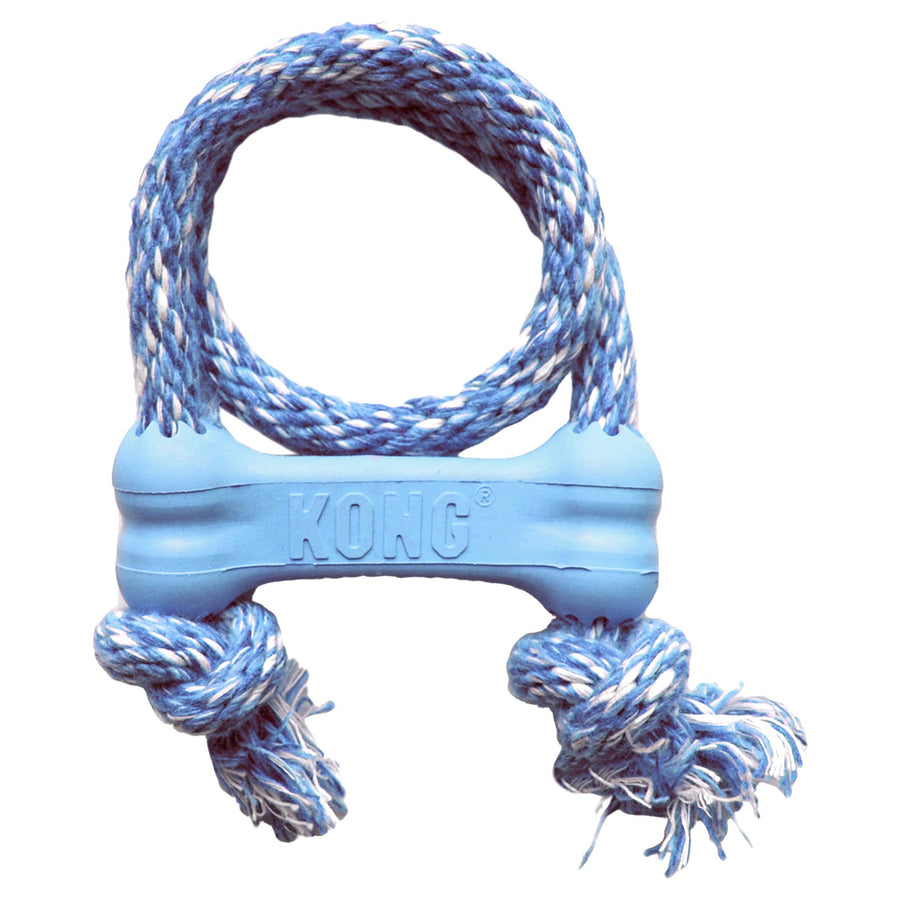 Puppy Goodie Bone with Rope - Natural Rubber Bone with Cotton Rope - Teeth Cleaning Chew Toy for Growing Puppies - for XS Puppies - Blue