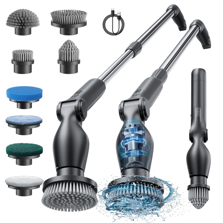 Electric Spin Scrubber, Cordless Cleaning Brush with 8 Replaceable Brush Heads, Adjustable Extension Handle, 2 Speeds &amp; Remote Control, Power Scrubber for Cleaning Bathroom, Shower, Tub, Floor