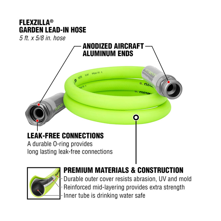 Garden Lead-in Hose, 5/8 in. x 5 ft., Heavy Duty, Lightweight, Drinking Water Safe - HFZG505YW