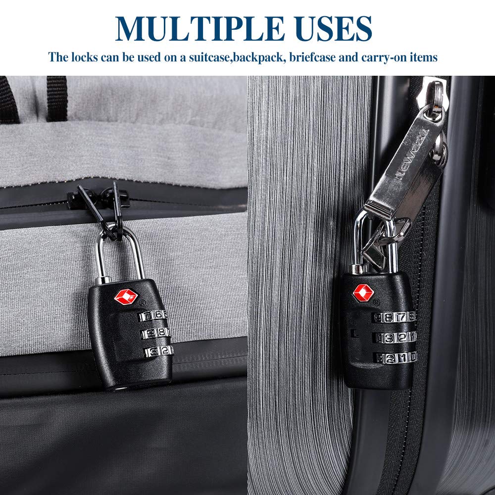 TSA Luggage Locks (4Pack) - 3 Digit Combination Padlocks - Approved Travel Lock for Suitcases &amp; Baggage (Black)