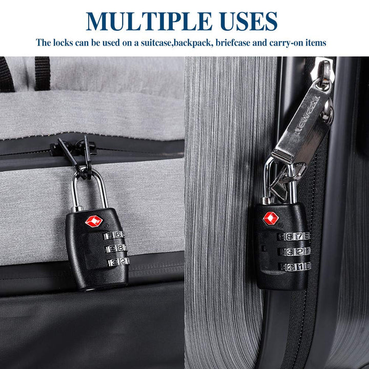 TSA Luggage Locks (4Pack) - 3 Digit Combination Padlocks - Approved Travel Lock for Suitcases &amp; Baggage (Black)