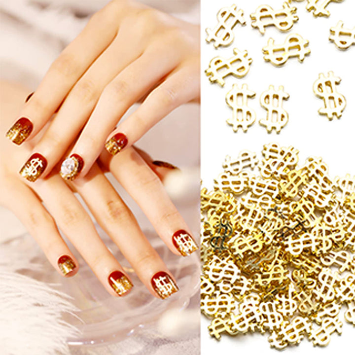 100pieces Luxury 3D Golden Dollar Sign Nail Art Charms Dollar Mark Shape Nail Stickers Jewels Bill Money Design Nail Art Studs Accessories for Women Girls Ladies (0.20inchx0.31inch)