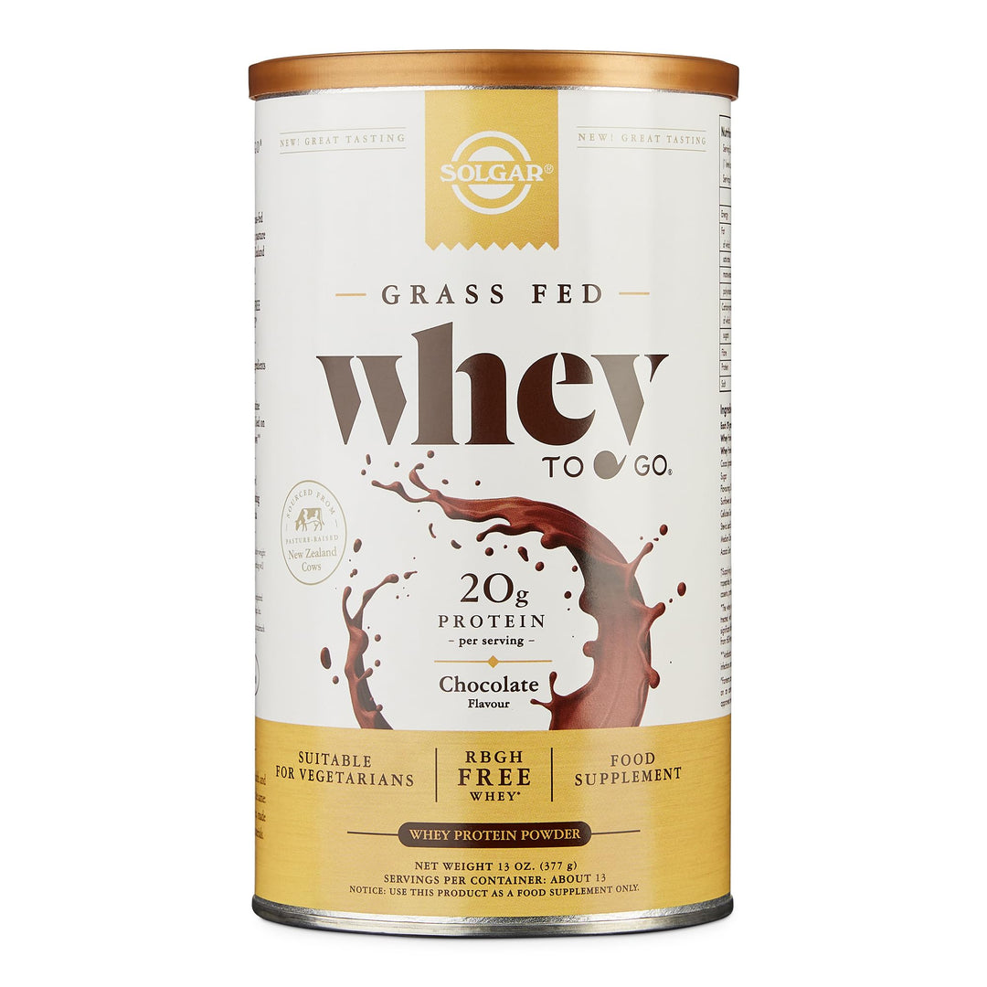 Solgar Grass Fed Whey to Go Protein Powder Chocolate, 13.2 oz - 20g of Grass-Fed Protein from New Zealand cows - Great Tasting &amp; Mixes Easily - Supports Strength &amp; Recovery - Non-GMO, 13 servings