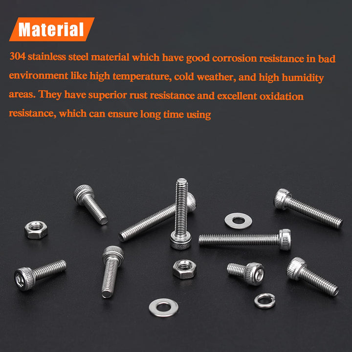 500 Pieces M3 x 6mm /8mm /10mm /12mm /16mm /20mm, Hex Socket Head Cap Metric Screws Bolts Washers Nuts Kit, 304 Stainless Steel