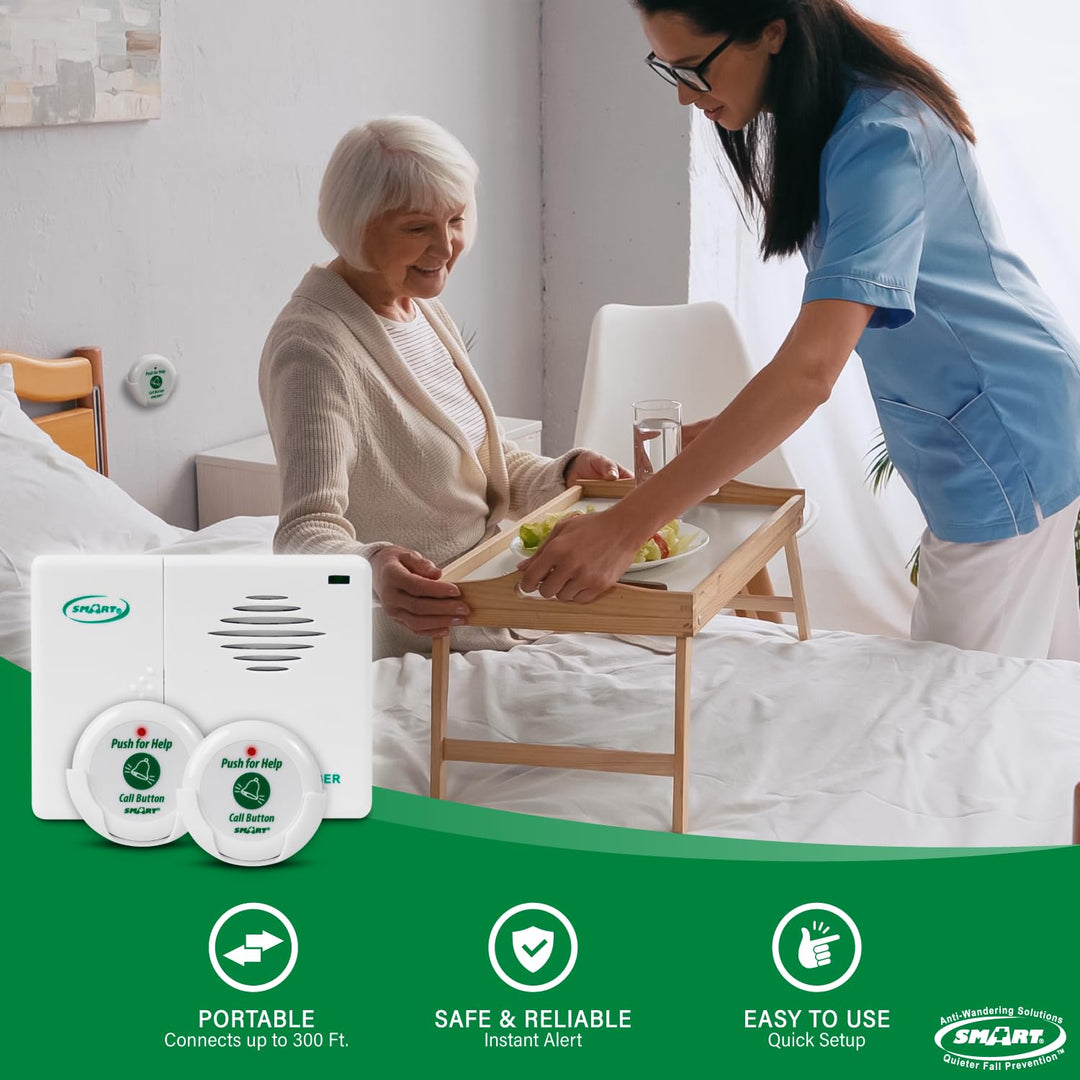 Smart Caregiver Two Call Buttons &amp; Wireless Caregiver Pager for Fall Prevention and Elderly Assistance | Caregiver Call Button with Wearable Lanyard | Nurse Call Alert System with Up to 300&#39; Range