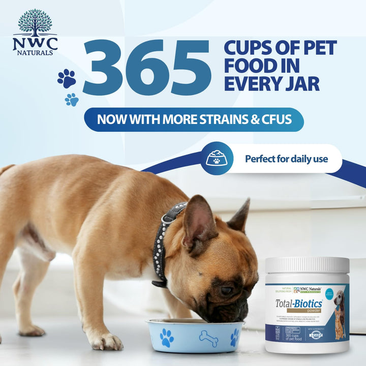 Total-Biotics, Cat &amp; Dog Probiotics for Digestive Health with Prebiotic, Unflavored Probiotic for Dogs &amp; Cats, Supplement for Gut, Skin, Coat, Upset Stomach Relief, 365 Servings, 8 Ounces