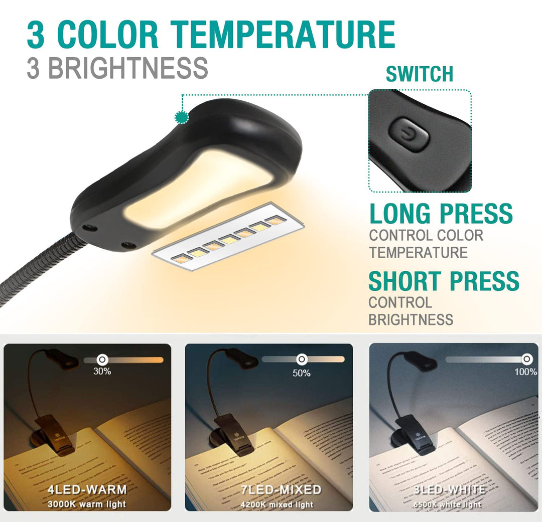 /LuminoLite Rechargeable Book Light, Reading Lights for Books in Bed, 3 Colortemperature × 3 Brightness, Clip on Book, Up to 70 Hours Lighting, Great for Readers, Travel (Black)