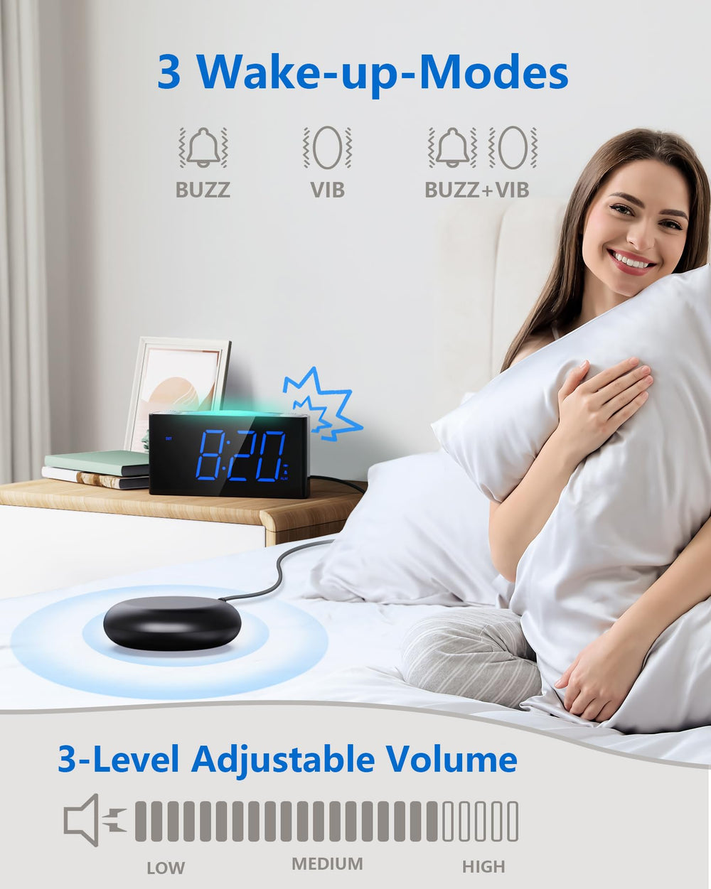 Vibrating Alarm Clock with Bed Shaker,Digital Bedroom Clock for Heavy Sleepers,Deaf Hearing Impaired Senior, 7 Night Light, Large LED Display,Dimmer, 2 USB Charger,12/24H/DST,Battery Backup