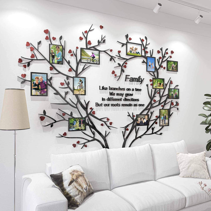 Love Family Tree Wall Decor Picture Frame Collage Removable 3D DIY Acrylic Wall Stickers for Living Room with Red Heart and Quote Family Like Branches on a Tree