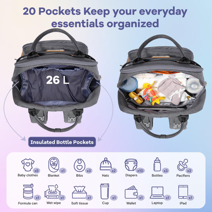 Diaper Bag Backpack, Multifunction Travel Pack Maternity Baby Changing Bags, Large Capacity, Waterproof, Dark Gray