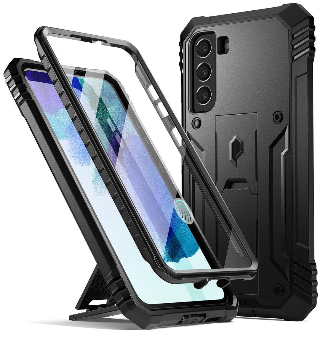 Revolution Case Compatible with Galaxy S21 FE 5G, Full Body Rugged Shockproof Protective Cover Case with Kickstand, Built-in Screen Protector Work with Fingerprint ID, Black