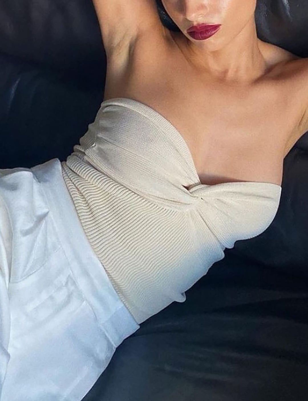 Women’s Sexy Twist Front Knitted Tube Top Strapless Solid Ruched Rib-Knit Crop Top Tank Top(Apricot,Small)