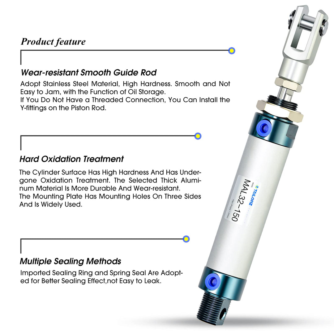 32mm Bore 150mm Stroke Air Cylinder Double Action with Y Connector and 2Pcs 8mm Fitting MAL32x150