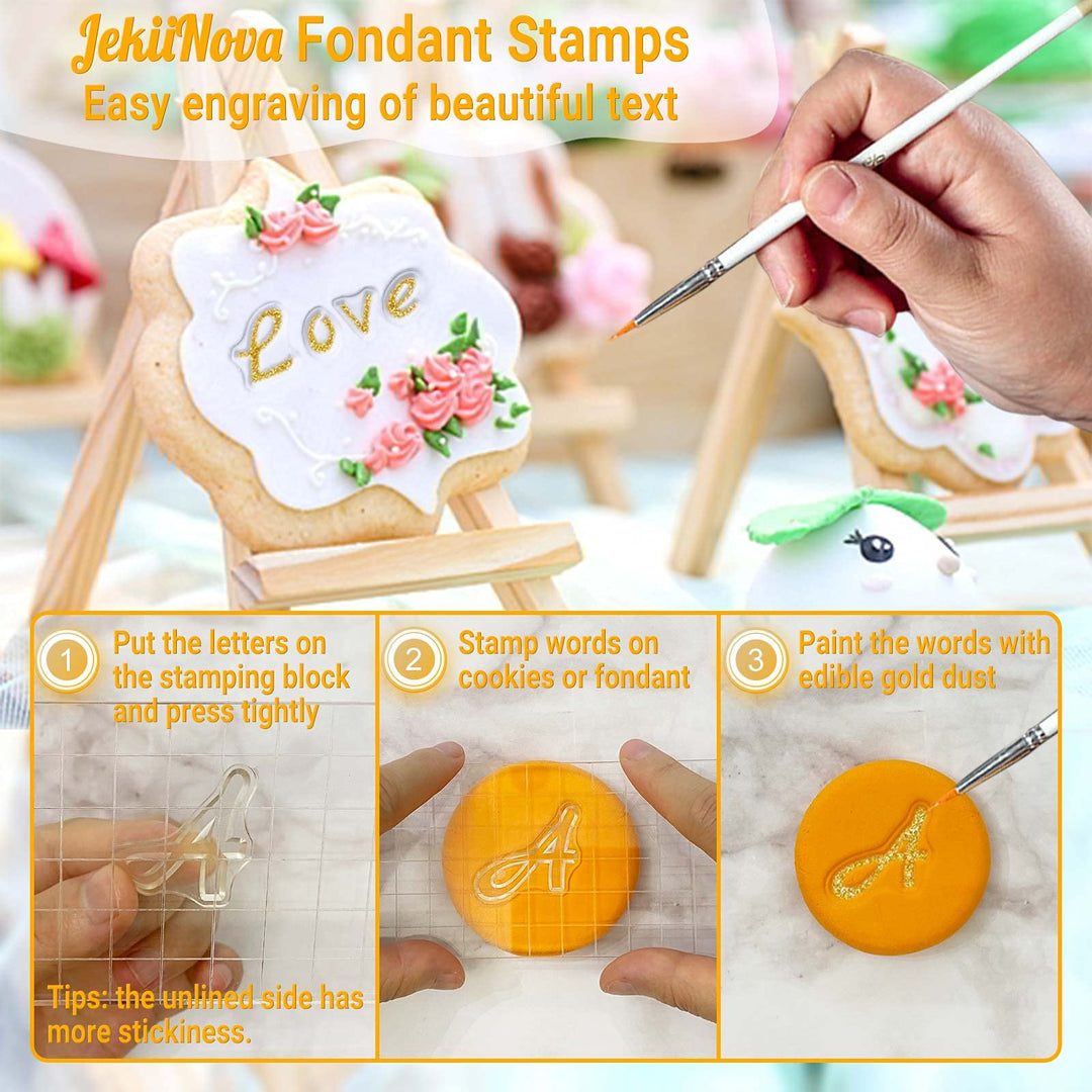 4 PCS Alphabet Letter Fondant Stamps for Biscuit Cake Cookie, Upgraded Food Grade Alphabet Cake Stamp Tool Uppercase Extra Spare Lowercase Numbers Phrases for Christmas Party Reusable Cookie Stamp