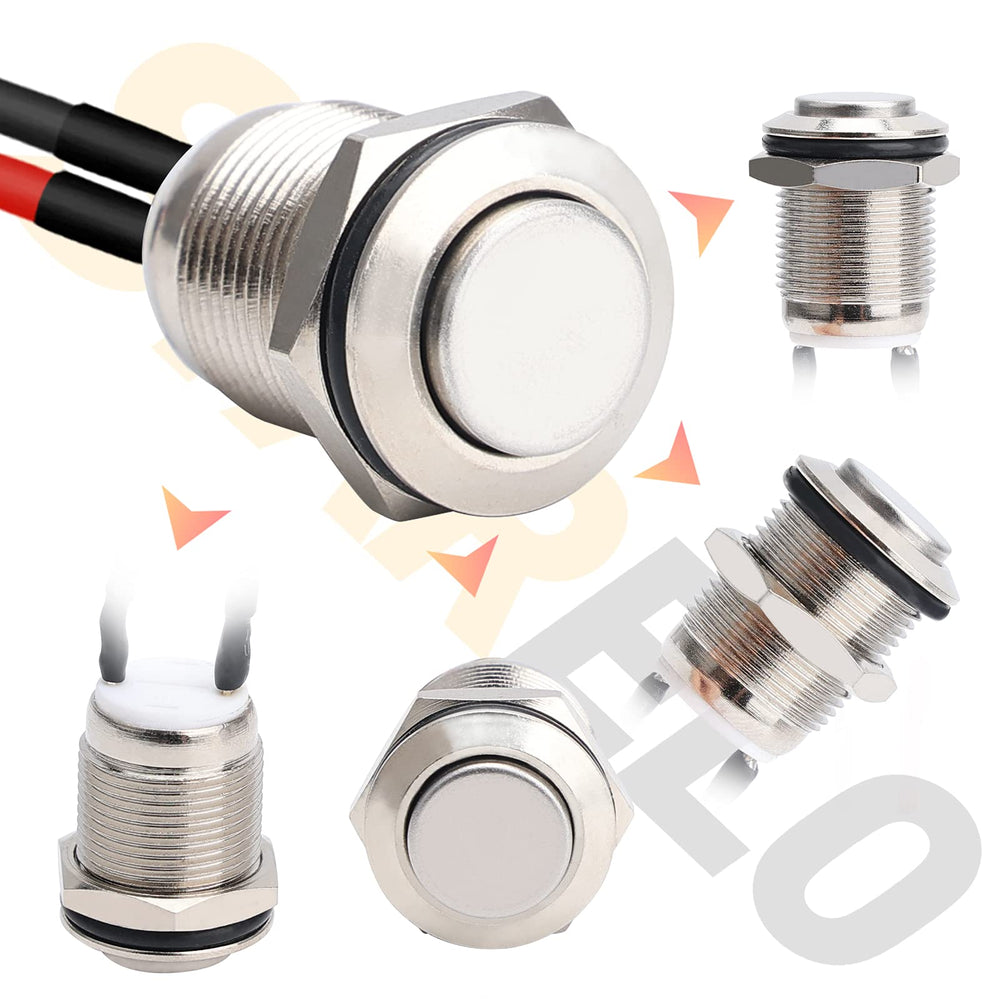 5pcs 12mm Momentary Push Button Switch Silver Shell with pre-Wiring, IP65 Waterproof Push Button Switch,Stainless Steel 1 Normally Open Without LED.