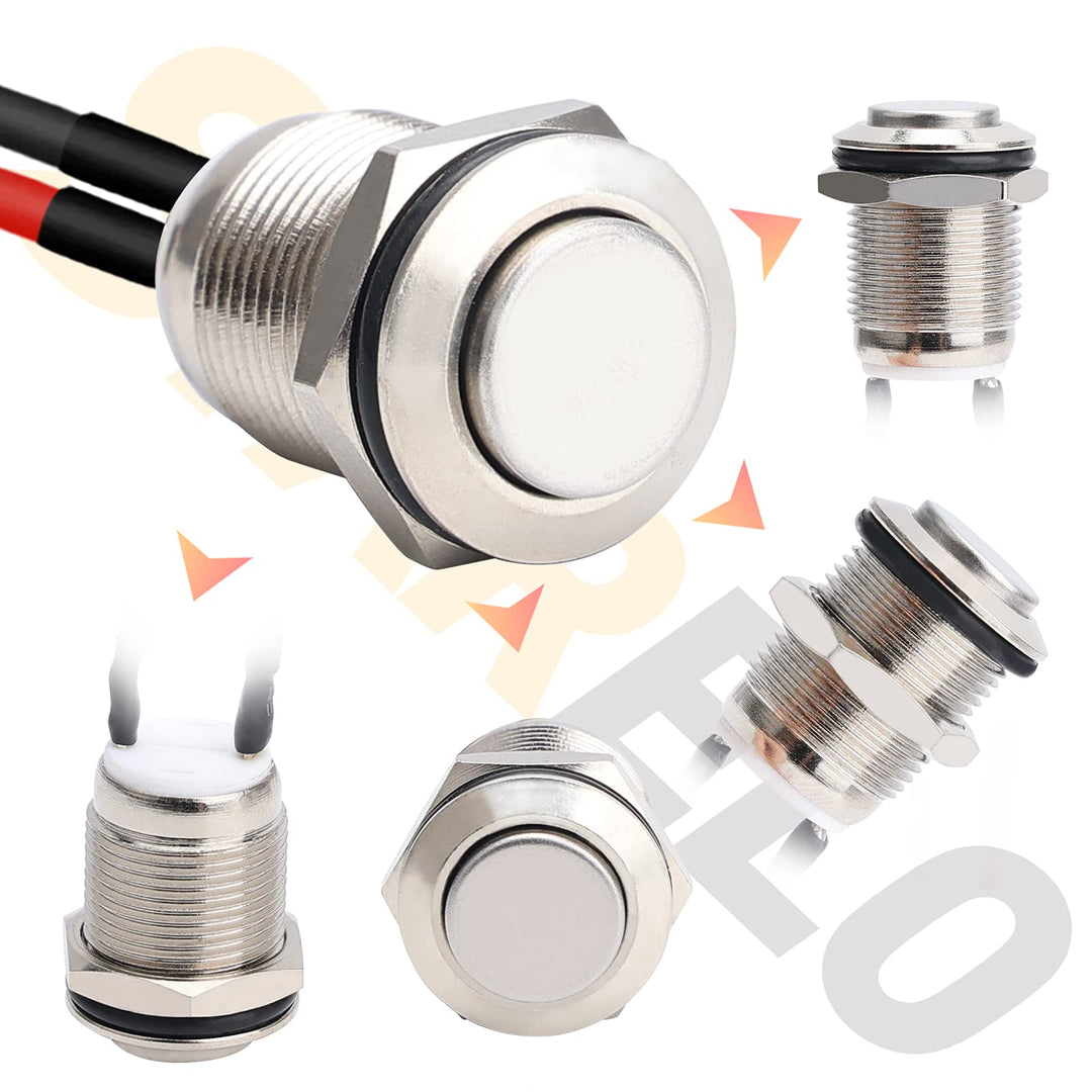 5pcs 12mm Momentary Push Button Switch Silver Shell with pre-Wiring, IP65 Waterproof Push Button Switch,Stainless Steel 1 Normally Open Without LED.