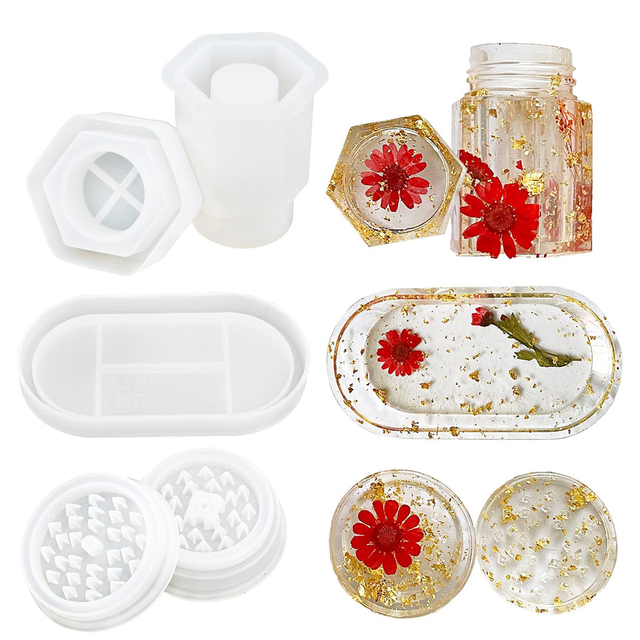 Grinder Resin Molds, 3 Pcs Jar Mold with Lid and Tray Mold Grinder Silicone Resin Mold Set Pressure Pot Resin Kit with Molds for Resin Casting Herb Crusher Spice Grind,DIY Resin Craft
