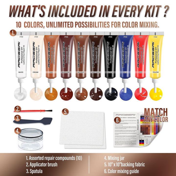 Vinyl and Leather Repair Kit - Restorer of Your Furniture, Car Seats, Sofa, Jacket, Purse, Belt, Shoes | Genuine, Italian, Bonded, Bycast, PU, Pleather |No Heat Required | Repair &amp; Resto