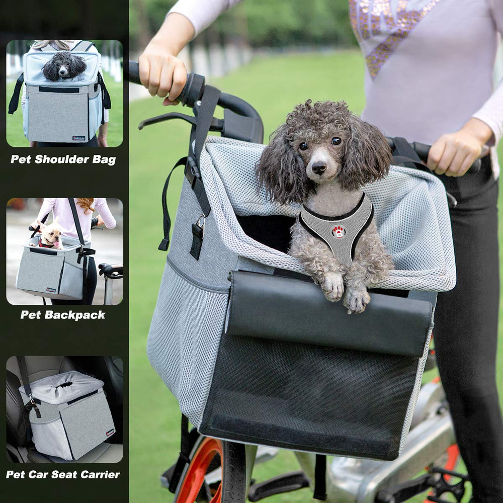 Pet Carrier Bicycle Basket Bag Pet Carrier/Booster Backpack for Dogs and Cats with Big Side Pockets,Comfy & Padded Shoulder Strap,Travel with Your Pet Safety(Grey)