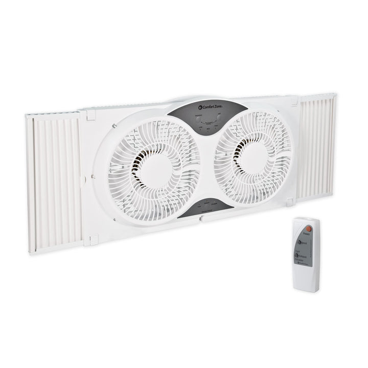 Twin Window Fan with Remote Control, Removable Cover, Reversible, 9 inch, 3 Speed, 3 Function, Expandable, Exhaust, Airflow 8.40 ft/sec, Ideal for Home, Kitchen, Bedroom &amp; Office, CZ310R