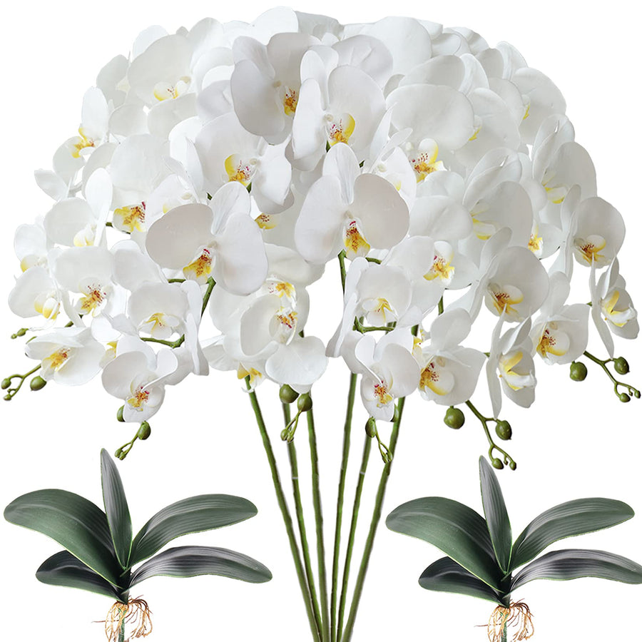 6 Pcs Artificial Phalaenopsis Flowers with 2 Bundles Leaves Artificial Orchid Flowers Stem Plants for Home Décor