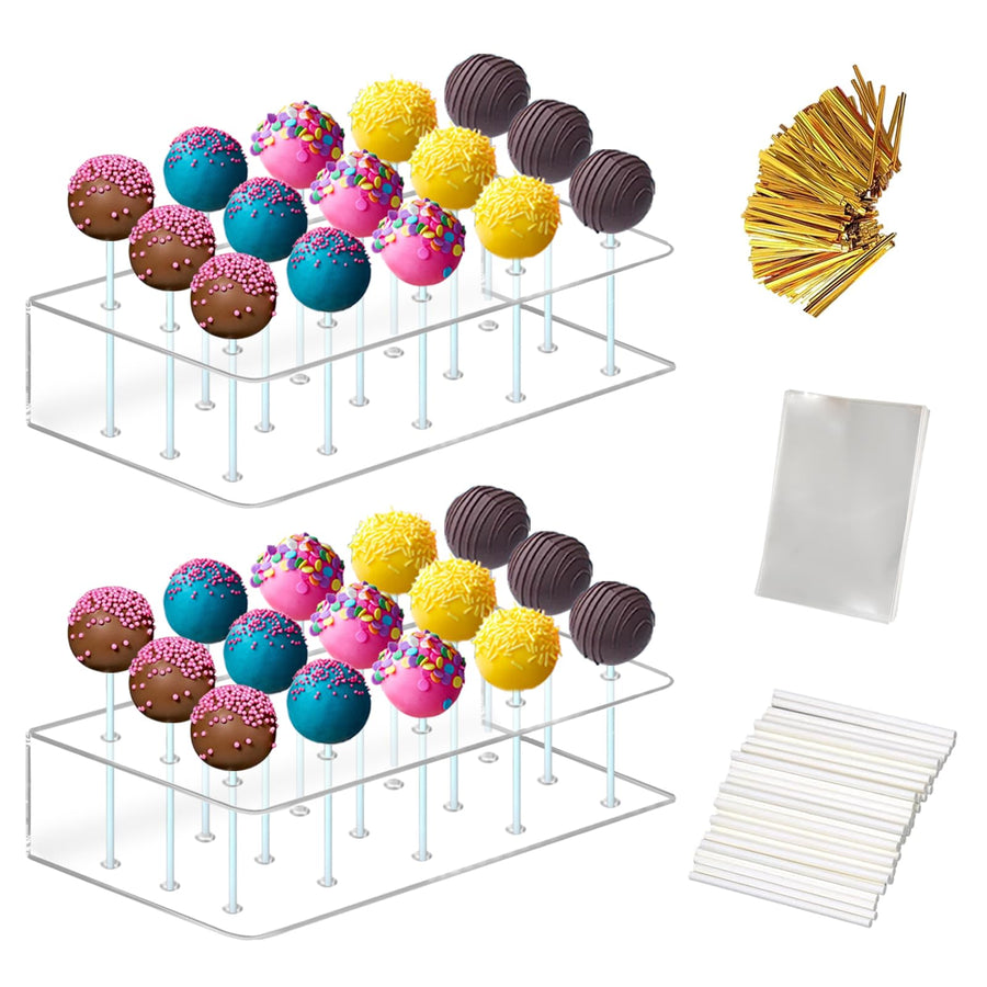 Acrylic Cake Pop Stand Display Holder with Lollipop Sticks, Treat Bags and Twist Ties for Candy Making