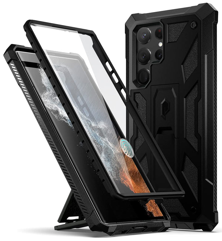 Spartan Case for Samsung Galaxy S22 Ultra 5G 6.8 inch, Built-in Screen Protector Work with Fingerprint ID, Full Body Rugged Shockproof Protective Cover Case with Kickstand, Matte Black