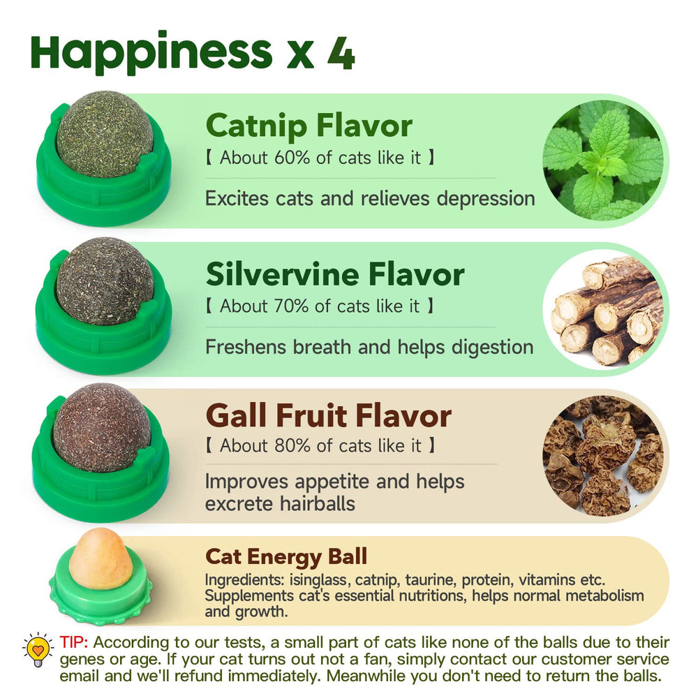 Catnip Toys Balls 4 Pcs, Extra Cat Energy Ball, Edible Kitten Silvervine Toys for Cats Lick, Healthy Kitty Teeth Cleaning Dental Chew Toys, Cat Wall Treats (Green)