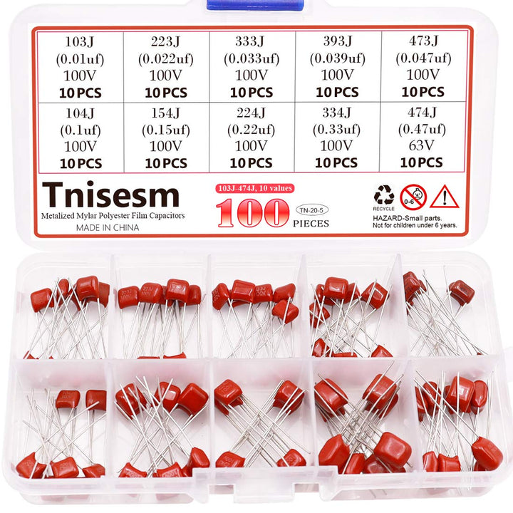 100 Pcs 10 Value Metalized Mylar Polyester Film Capacitors Assortment Kit 103nF - 474nF 100V and 63V in a Box Tn-20-5