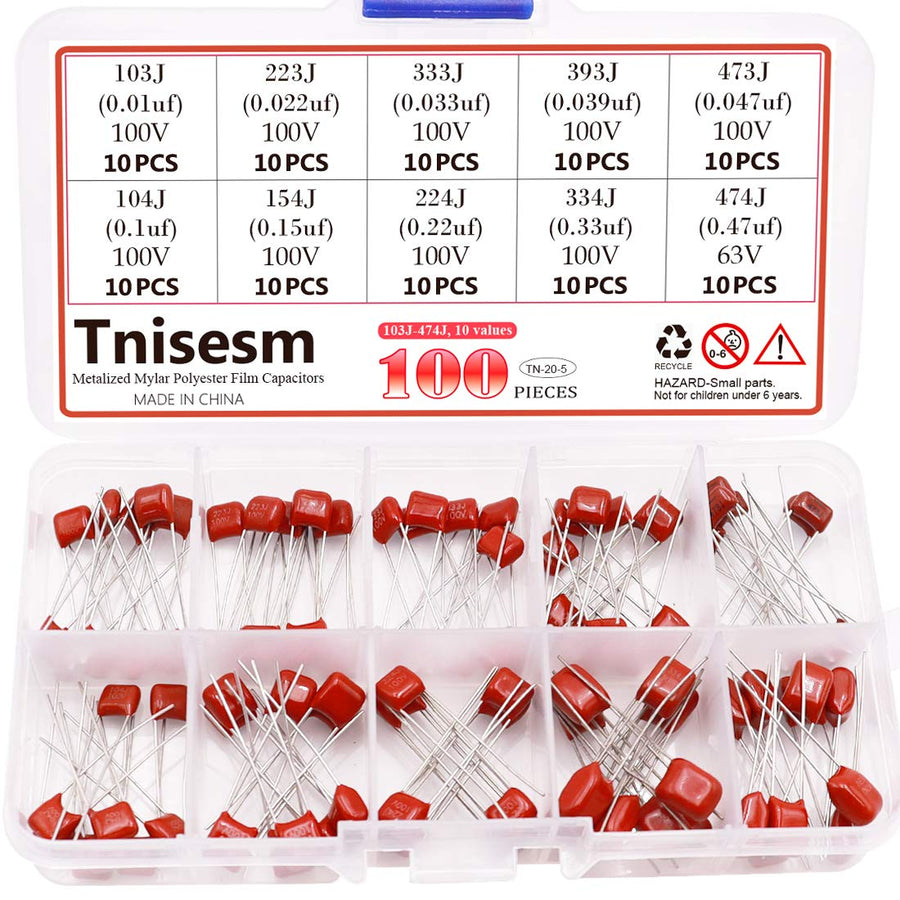 100 Pcs 10 Value Metalized Mylar Polyester Film Capacitors Assortment Kit 103nF - 474nF 100V and 63V in a Box Tn-20-5
