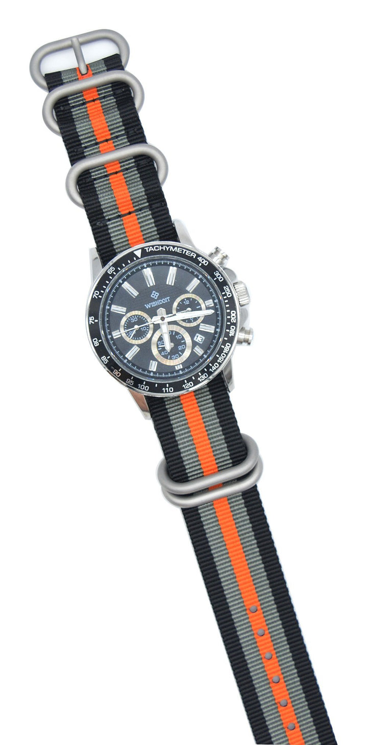 Watch Band with Colorful Nylon Material Strap and Heavy Duty Brushed Buckle (Black/Grey/Orange, 22mm)