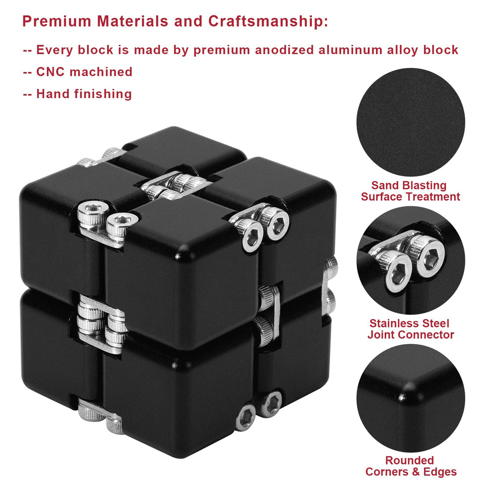 Aluminum Alloy Metal Infinity Cube Fidget Cube (6 Colors) Handheld Fidget Toy Desk Toy with Cool Case Infinity Magic Cube Relieve Stress Anxiety ADHD OCD for Kids and Adults (Black)