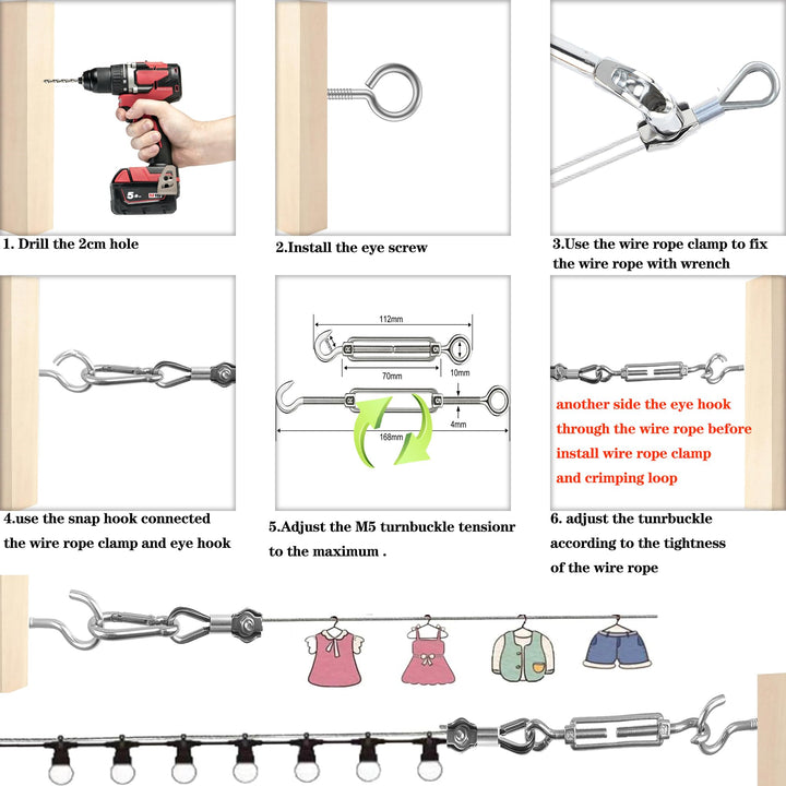 1/16 Wire Rope Kit,String Light Hanging Kit , Outdoor Light Guide Wire, 100M/328FT Vinyl Coated Stainless Steel Cable Wire for Outdoor,Garden,Kitchen,Craft with Turnbuckle (50M, 165FT, 95)