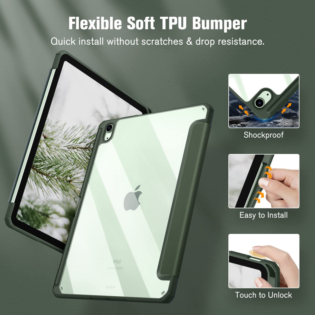 Slim Case for iPad Air 11-inch M2 (2024), iPad Air 5th Generation (2022) / iPad Air 4th Gen 10.9 Inch -Shockproof Cover with Clear Back Shell &amp; Pencil Holder, Emerald Marble