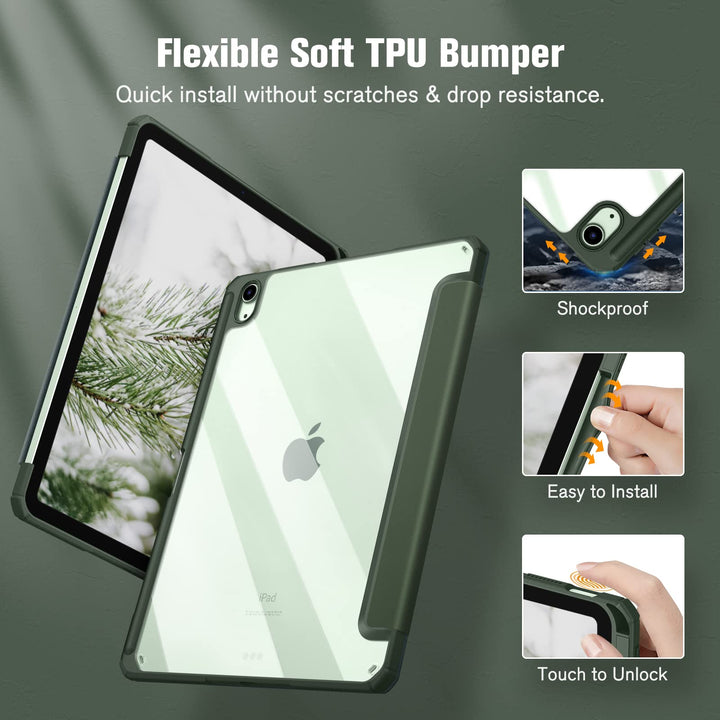 Slim Case for iPad Air 11-inch M2 (2024), iPad Air 5th Generation (2022) / iPad Air 4th Gen 10.9 Inch -Shockproof Cover with Clear Back Shell &amp; Pencil Holder, Emerald Marble