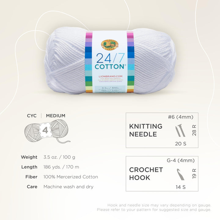 Lion Brand 24/7 Cotton Yarn, Lightweight Yarn for Knitting, Crocheting, and Crafts, White, 1 Pack
