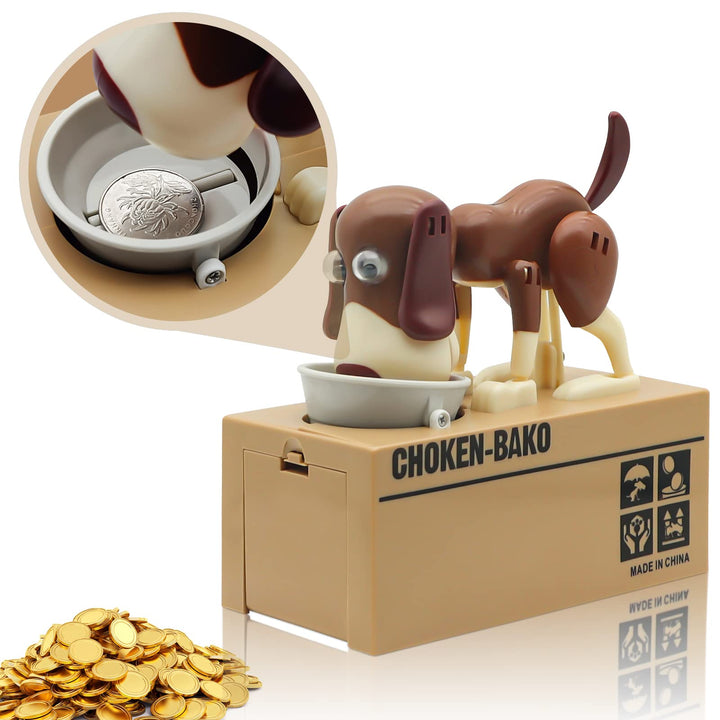 Cute Dog Piggy Bank, Hungry Puppy Stealing Coins Like Magic Coin Munching Money Bank Birthday Gift for Kids (Brown)
