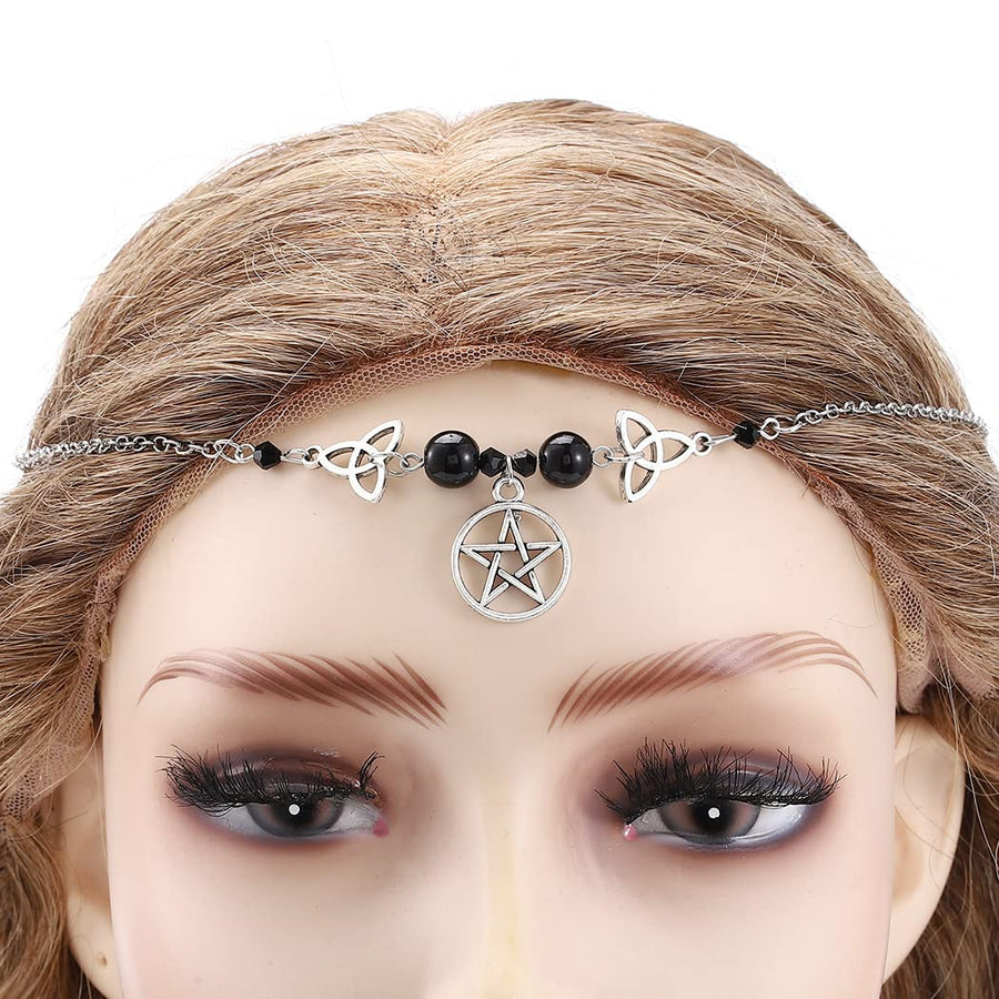 Boho Crystal Head Chain Star Headpieces Circle Infinite Knot Goddess Hair Chain Vintage Forehead Chain Jewelry Rhinestones Headbands Halloween Hair Accessories for Women and Girls (Black)